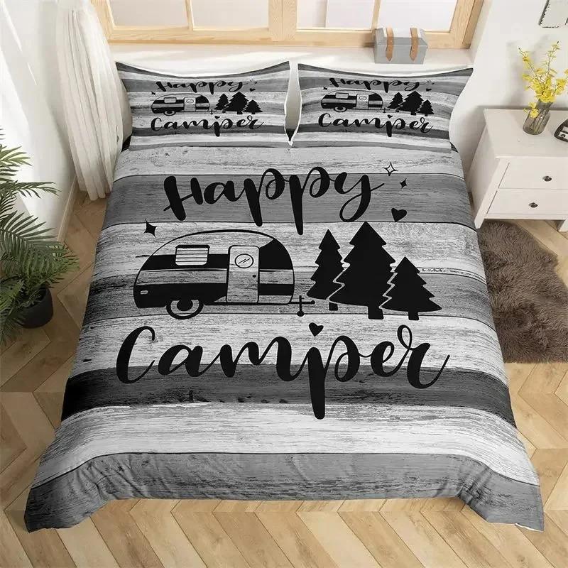 Happy Camping Duvet Cover Queen Cartoon Caravan Camping Bedding Set Farmhouse Style 3D Camper Comforter Cover With Pillowcases