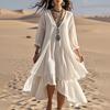 Spring Solid Casual Dress for Ladies V Neck Ruffle Irregular Long Dress Women Long Sleeve Loose Boho Maxi Dress