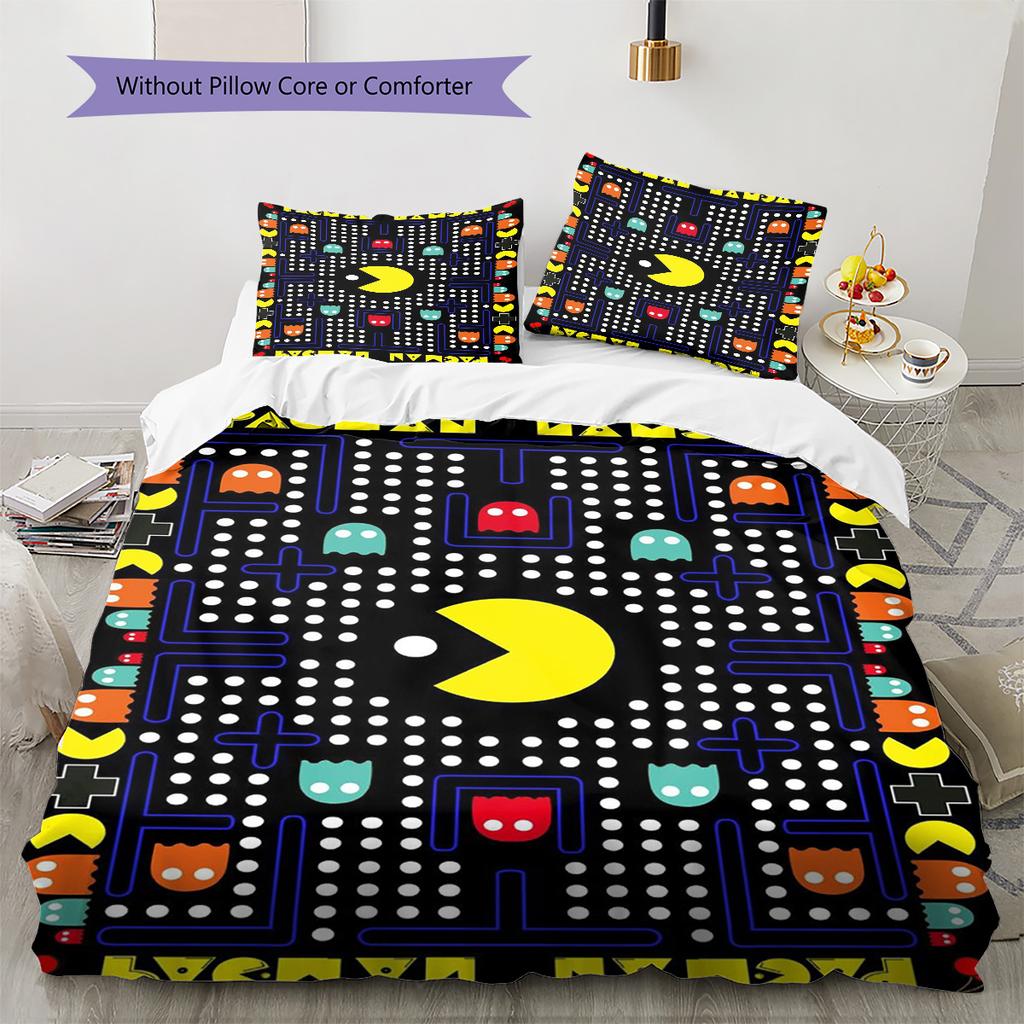 Постельное белье с узором Pac-Man, Комплект с одеялом, Пододеяльник, Наволочка, Домашний подарок на день рождения (1 пододеяльник + 2 наволочки, без наполнителя)