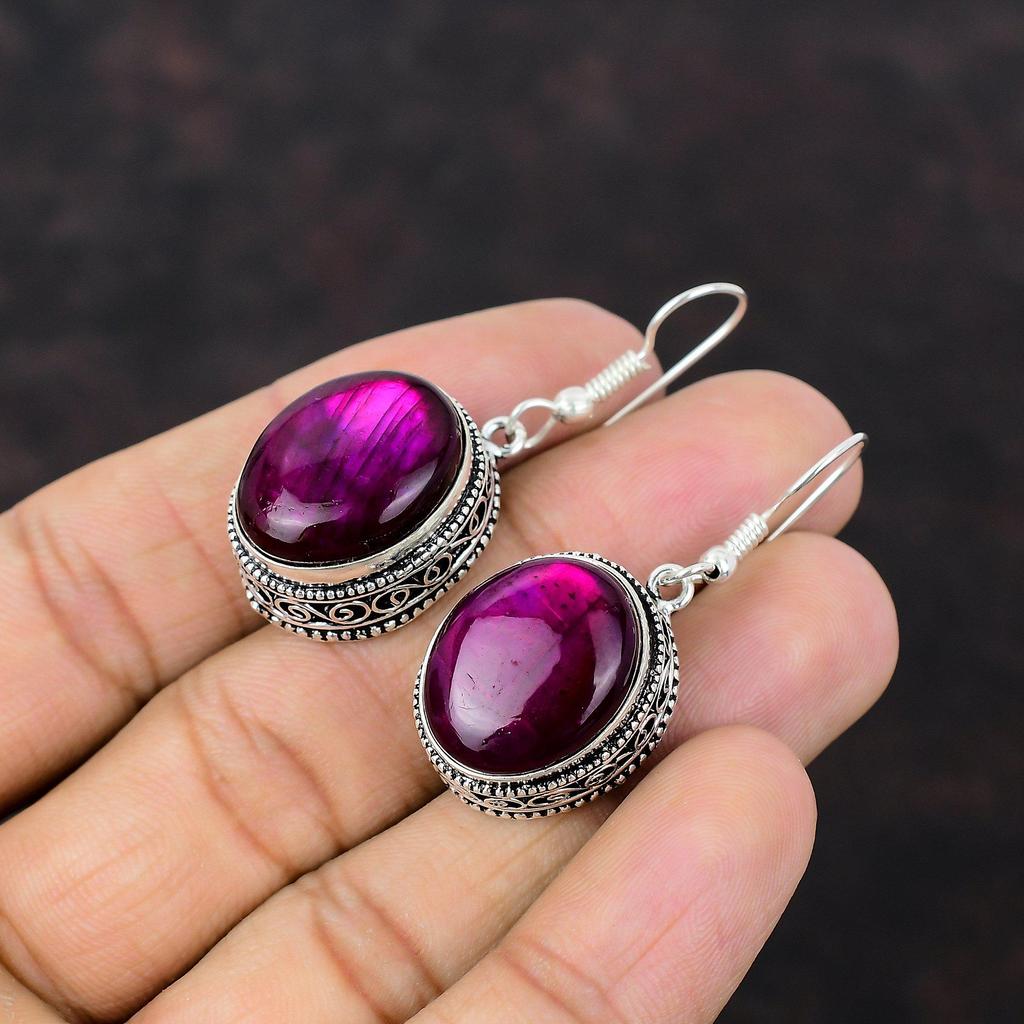 Серьги с фиолетовым огненным лабрадоритом, серьги из стерлингового серебра 925 пробы, серьги с драгоценными камнями, ювелирные изделия ручной работы, винтажные серьги, подарок для ее дизайнерской серьги