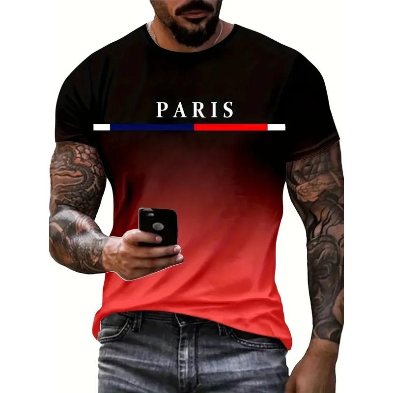 Летняя мужская футболка с 3D-печатью, градиентными буквами Paris, быстросохнущий топ с коротким рукавом для активного отдыха, и дополнительная мужская