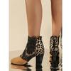 Leopard Print Color Blocked High Heels for Women with Mesh and Back Zipper, Thick Heels and Round Toe for Women
