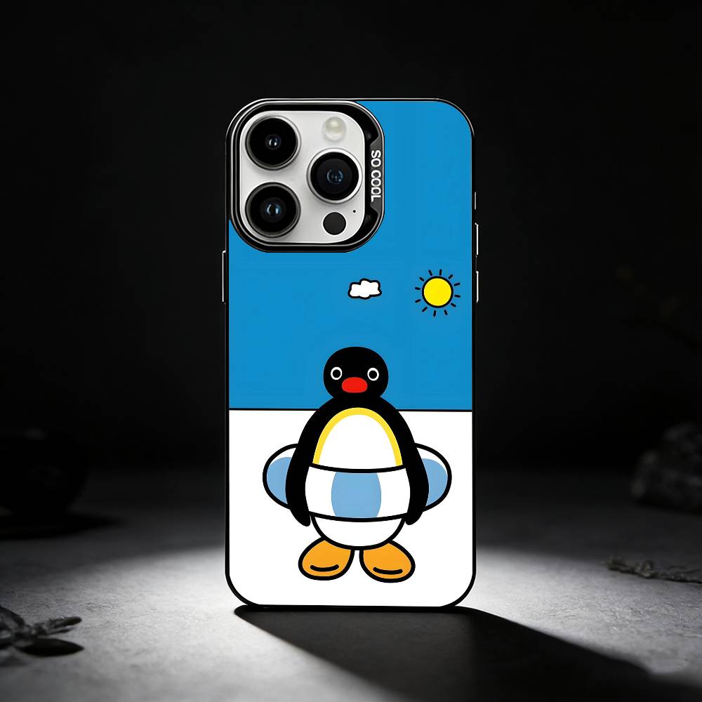 Cute Art Pingu Penguin Phone Case For iPhone 17,16,15,14,13,12,11 Plus,Pro Max,XS,Colored silver phone case