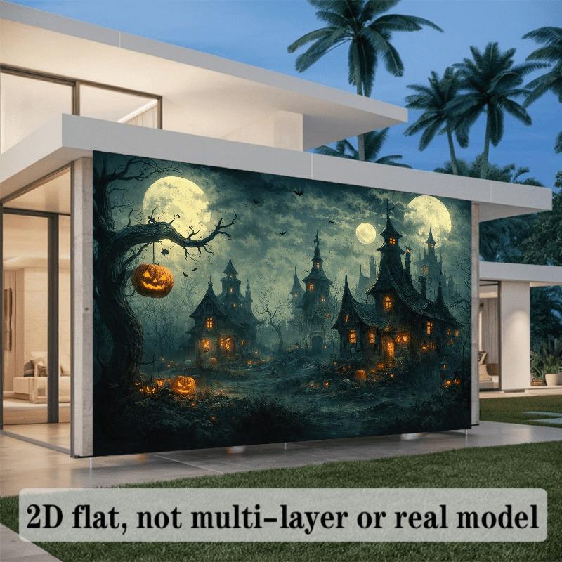 2D Halloween themed party banner background, dark haunted house theme, multifunctional wall decoration