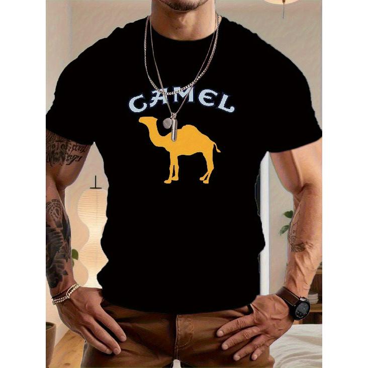 Men's Casual T-Shirt - Black with Yellow Camel Graphic, Regular Fit, Great for Daily Wear and Casual Formal Events, Comfortable for All Seasons,