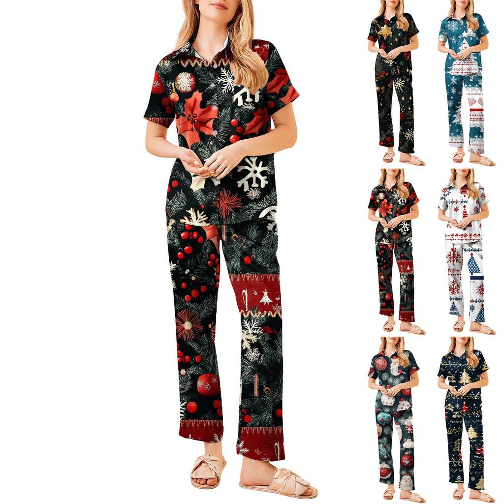 Женский рождественский пижамный комплект с принтом, женские короткие рукава, длинные брюки, комплект из двух предметов, застегивающийся на пуговицы, домашняя одежда