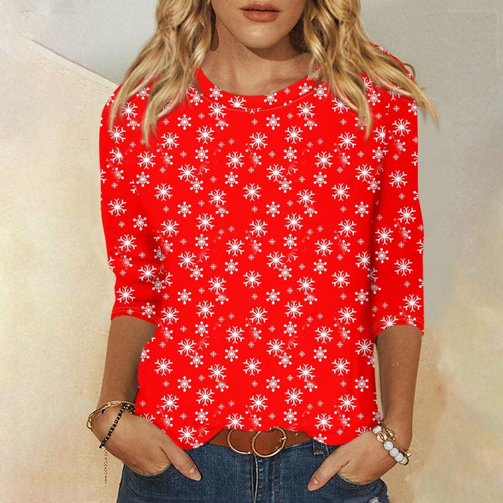 Women's Fashion Casual Round Neck 3/4 Sleeve Loose Christmas Printed T-Shirt Ladies Top