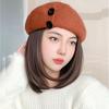 WTB Synthetic Hat Wig Female Autumn and Winter Button Woolen Short Straight Clavicle Beret Temperament Joker Wig