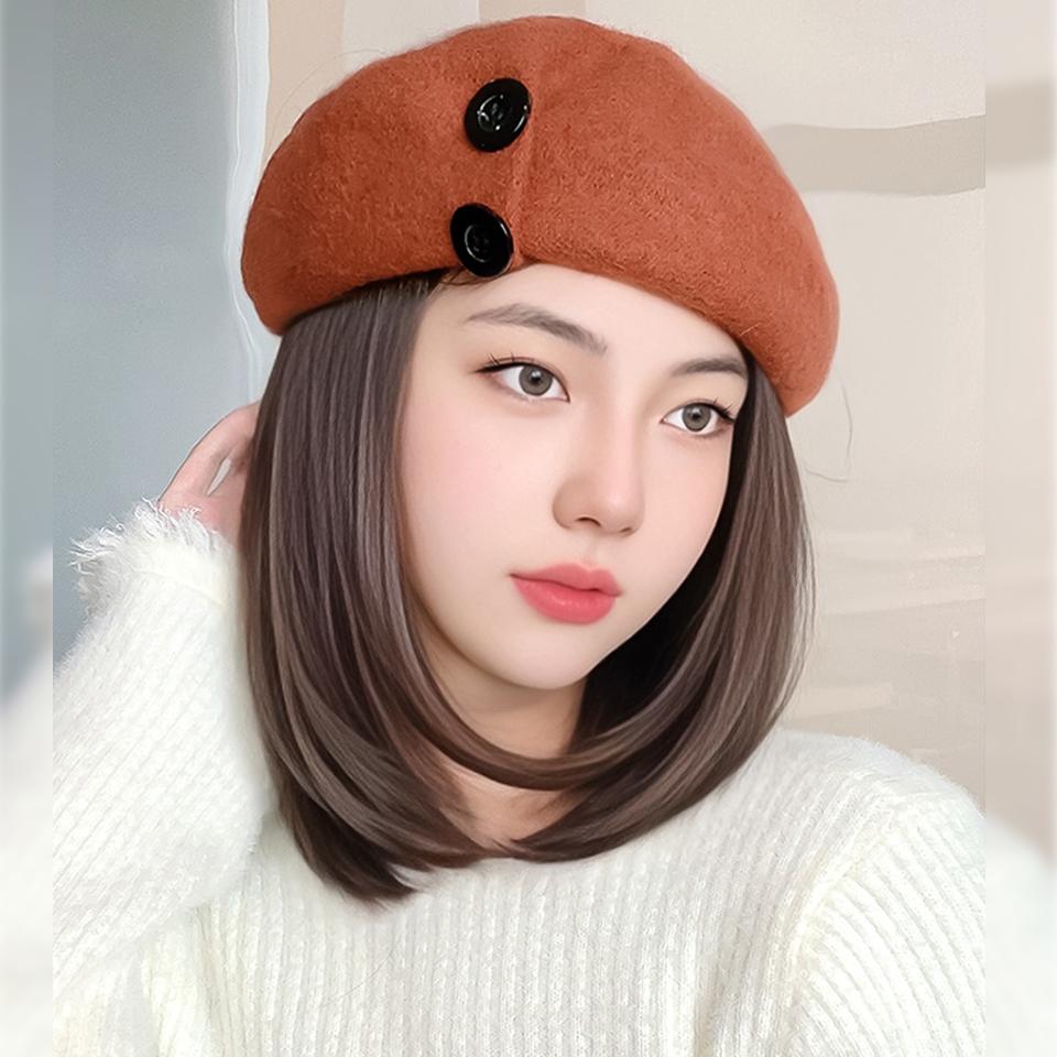 WTB Synthetic Hat Wig Female Autumn and Winter Button Woolen Short Straight Clavicle Beret Temperament Joker Wig