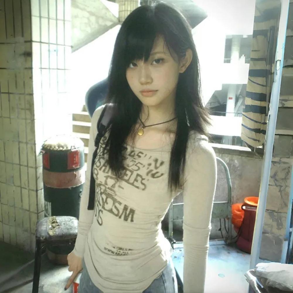 Японская футболка с принтом букв Y2k, дрянной стиль 2000-х, топы с длинным рукавом, винтажная уличная одежда в стиле Харадзюку, американское ретро