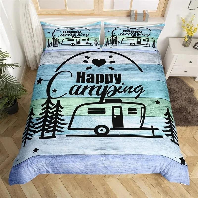 Happy Camping Duvet Cover Queen Cartoon Caravan Camping Bedding Set Farmhouse Style 3D Camper Comforter Cover With Pillowcases