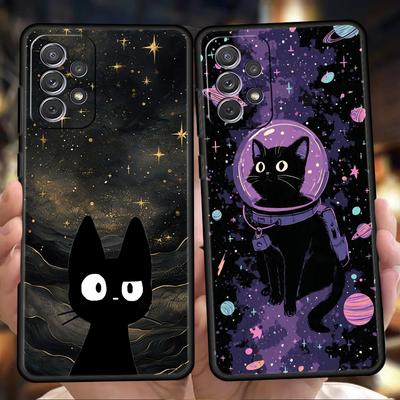 Чехол для телефона Samsung Galaxy A55 A53 A52 A52S A51 A41 A35 A32 A25 A23 A15 A13 A71 A72 Мягкий ТПУ Милый Цвет Звездное Небо Черный Кот