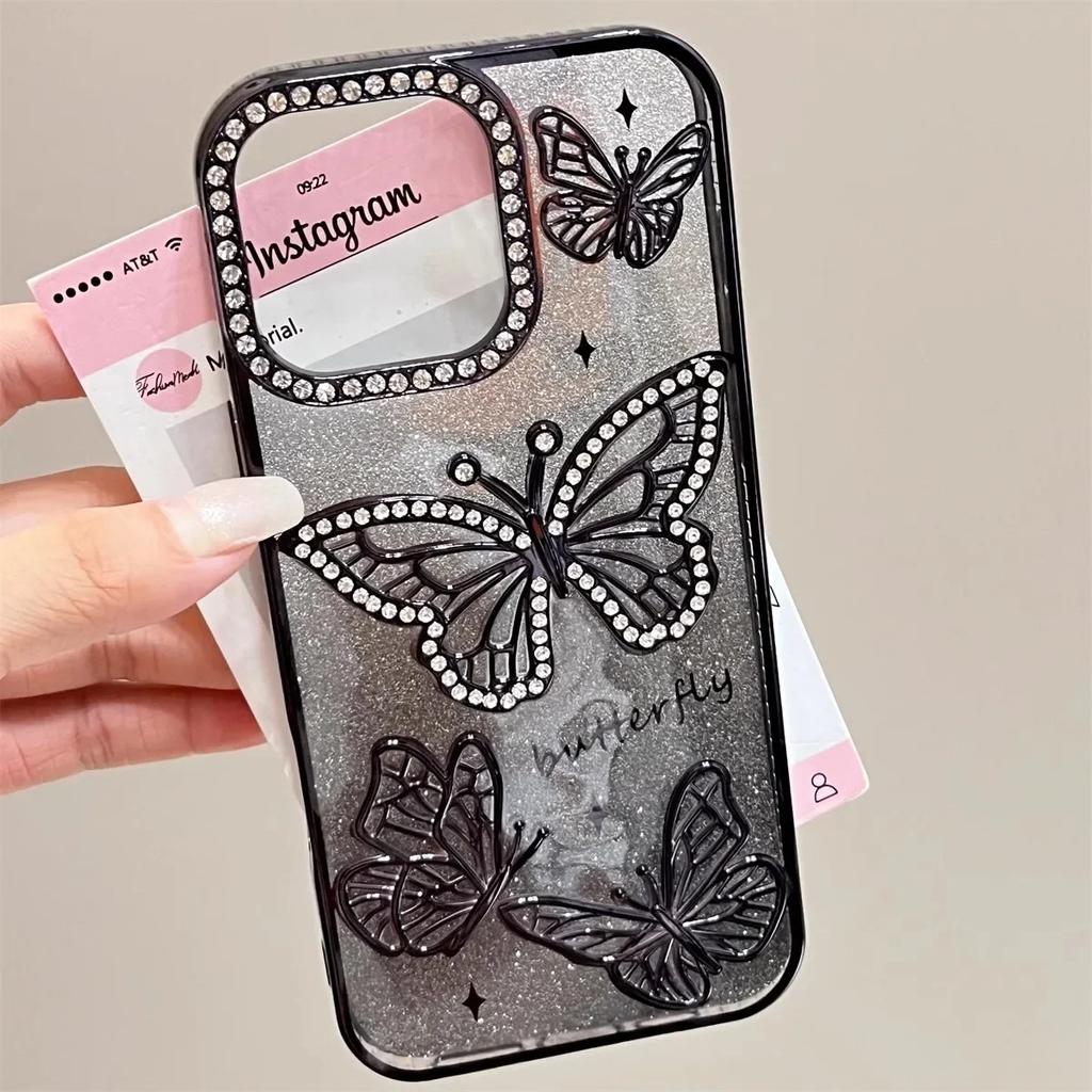 Женский чехол для телефона с бриллиантовой бабочкой для iPhone 17 16 Pro Max 11 12 13 14 15 Plus, прозрачный, с покрытием, мягкий силиконовый чехол