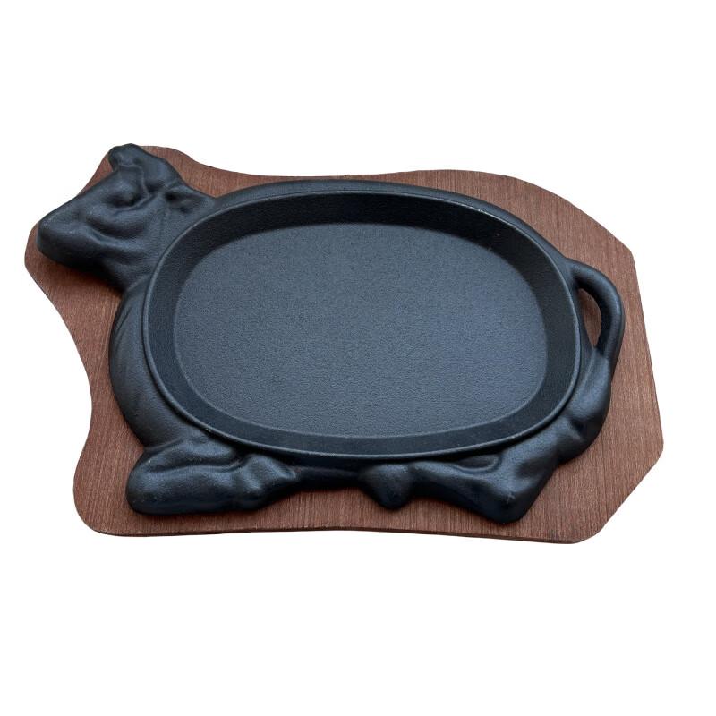 ZISIZ Cast Iron Ox-Shaped Teppanyaki Griddle with Wood Base