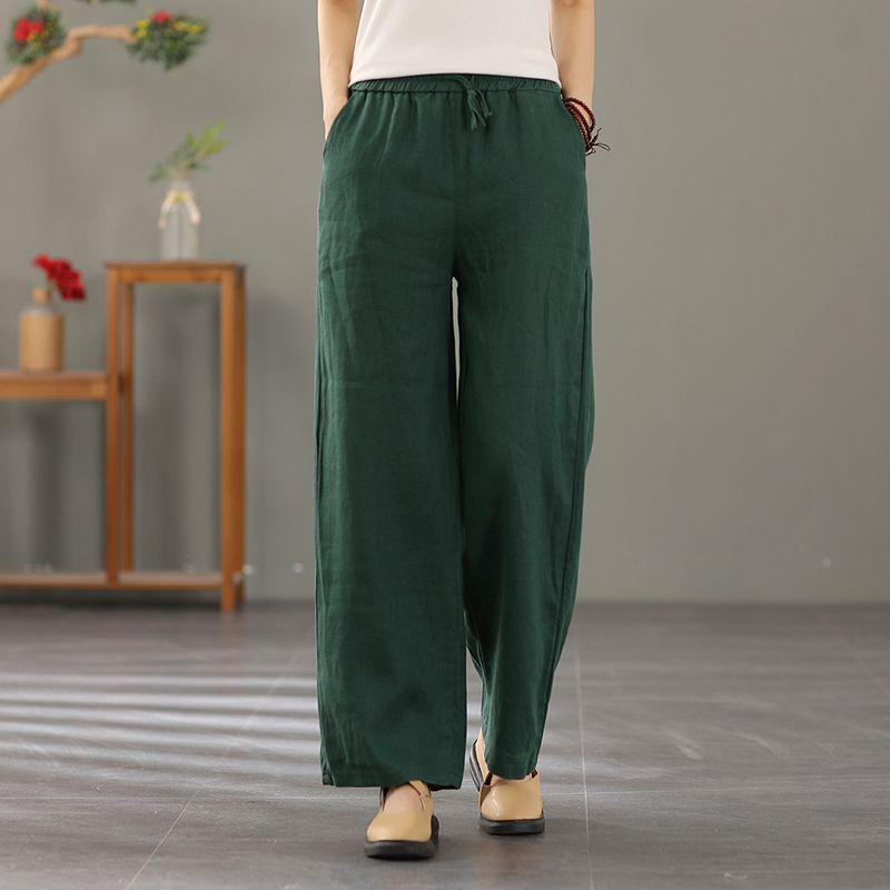 Женские брюки-шаровары, летние повседневные винтажные хлопковые льняные брюки с эластичной резинкой на талии, широкие брюки, модные свободные карманы, женские брюки