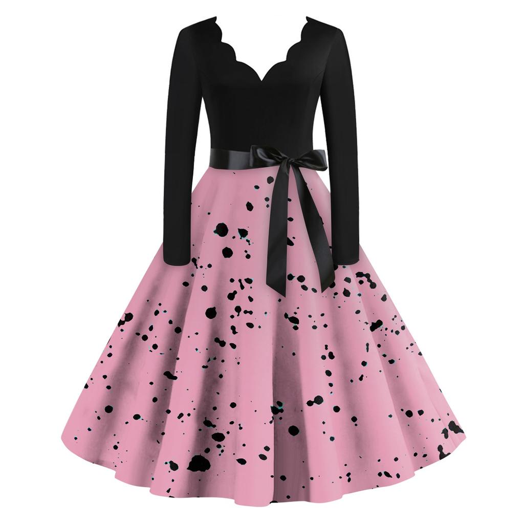 Женское повседневное модное платье с V-образным вырезом и длинными рукавами в стиле ретро с принтом в горошек