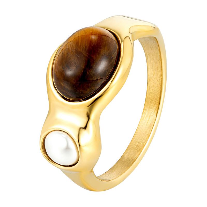 Retro Pearl Natural Stone Ring, Female Niche Popular Stainless Steel Color-plated Ring Jewelry