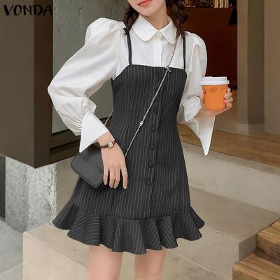 Женское повседневное платье в полоску, с длинным рукавом, пэчворк, имитация двойки