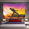 Silhouette of a performer with a microphone against a vibrant sunset. Patterned tapestry for bedroom and living room home decor