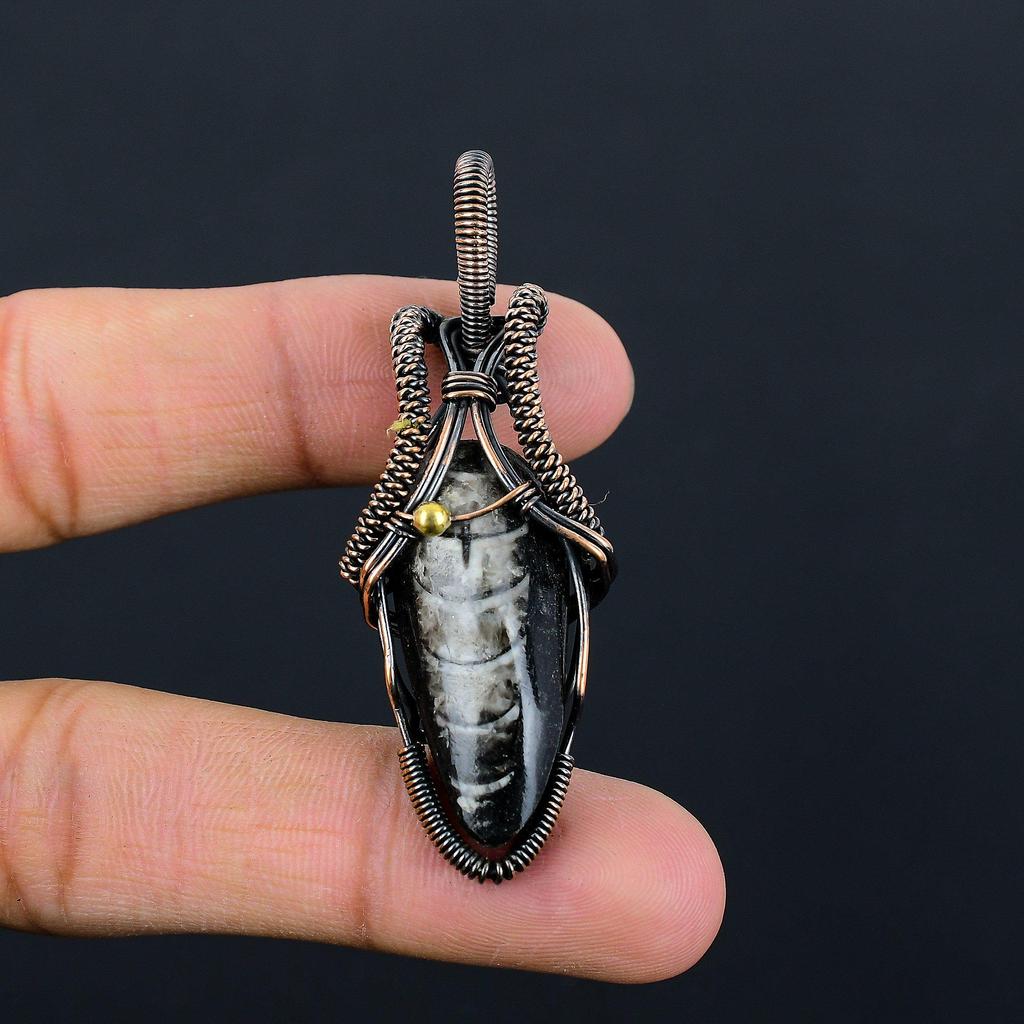 Orthoceras Fossil Gemstone Чистая медная проволока Обернутая ювелирная подвеска ручной работы