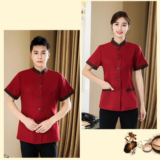 Hotel Housekeeping Uniform Women Slim Fit Top Stand Collar Short Sleeve Single Breasted Pockets Work Uniform Tops