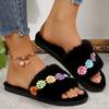Fashion Flower Embroidery Plush Slippers Women Soft Black Faux Fur House Cotton Slides Woman Indoor Non Slip Flat Heel Fur Slippers Lady