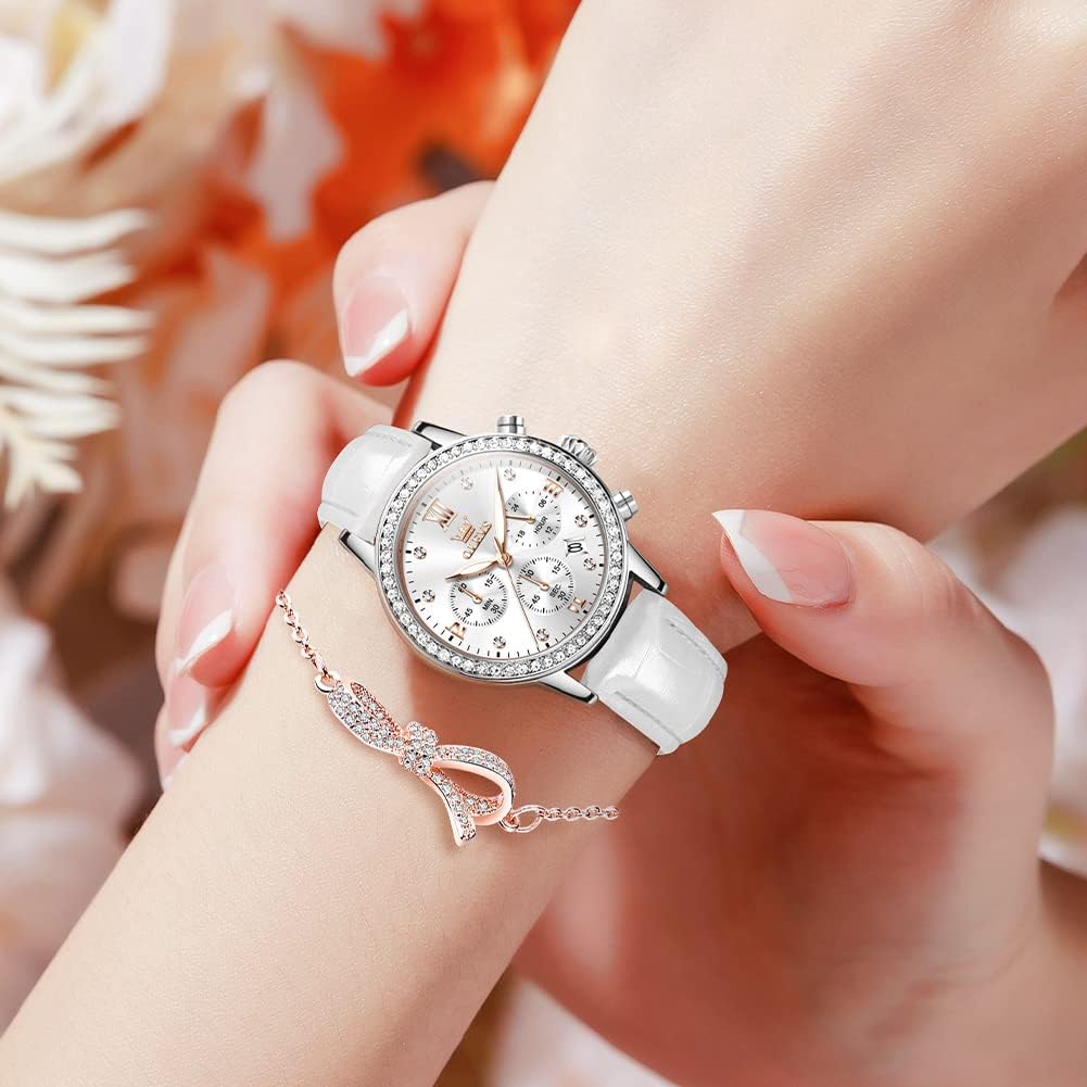 OLEVS Watch Popular Leather Strap Quartz Watch with Bracelet Set Slim Date Luminous White A Perfect Gift for Women Women's - - Lightweight, Design,