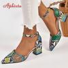 Aphixta 5cm 7cm Square Heel Summer Ankle Strap Pointed Toe Sandals Women Snake Prints Green Leather Open Shoes Pimp Plus Size 46
