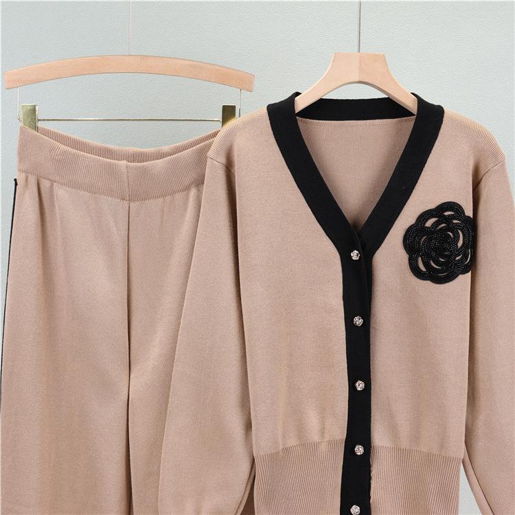 Осенне-зимний женский свитер больших размеров, комплект из кардигана с длинными рукавами и V-образным вырезом, свободные широкие брюки