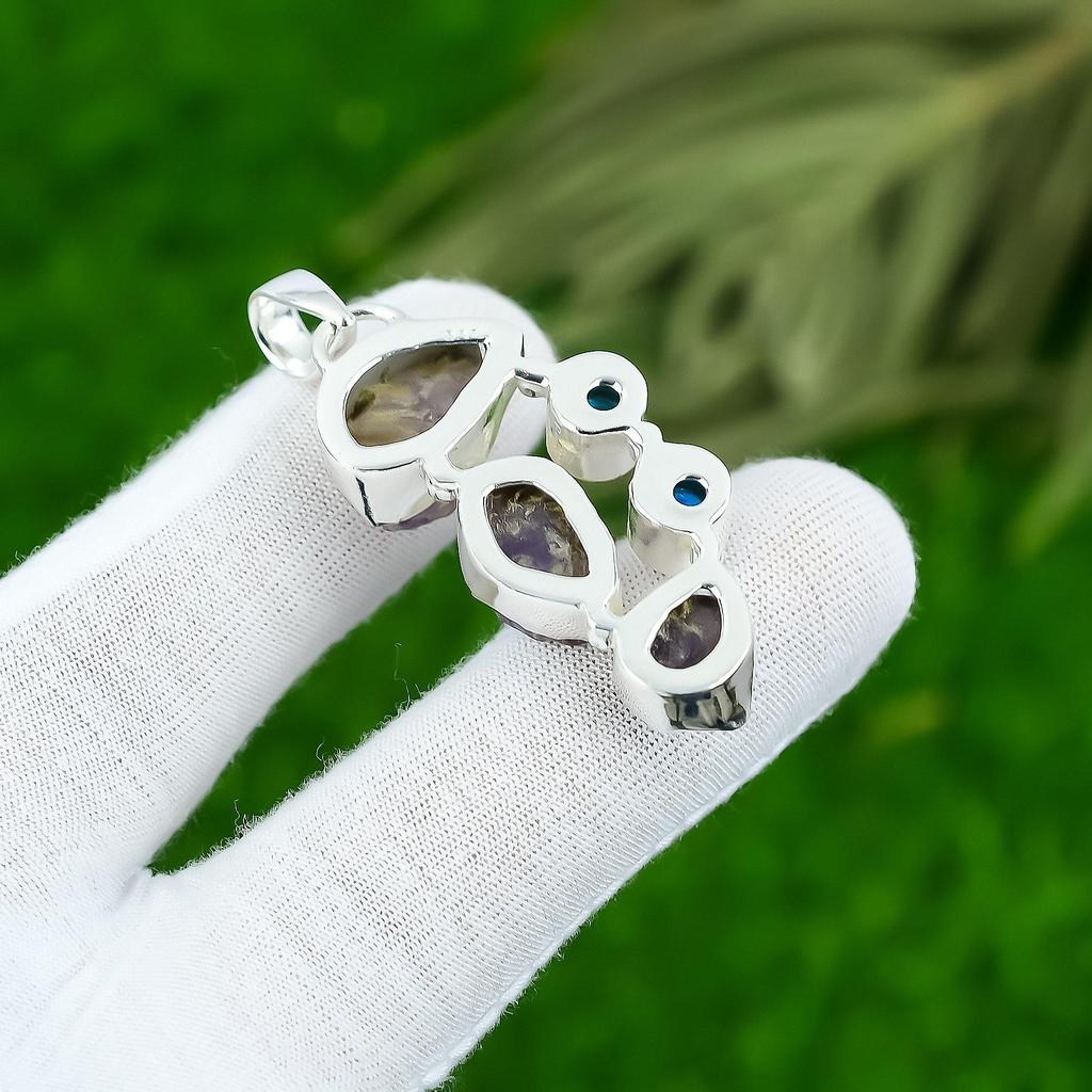 Womens day Sale Sterling Silver Amethyst Rough Stone Blue Topaz Pendant Jewelry