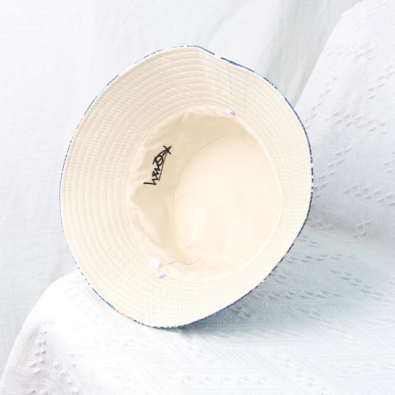 Korean Letters Embroidery Bucket Hat For Women Men Summer Coconut Trees Print Double-Sided Fisherman Cap Wide Brim Sunshade Hats