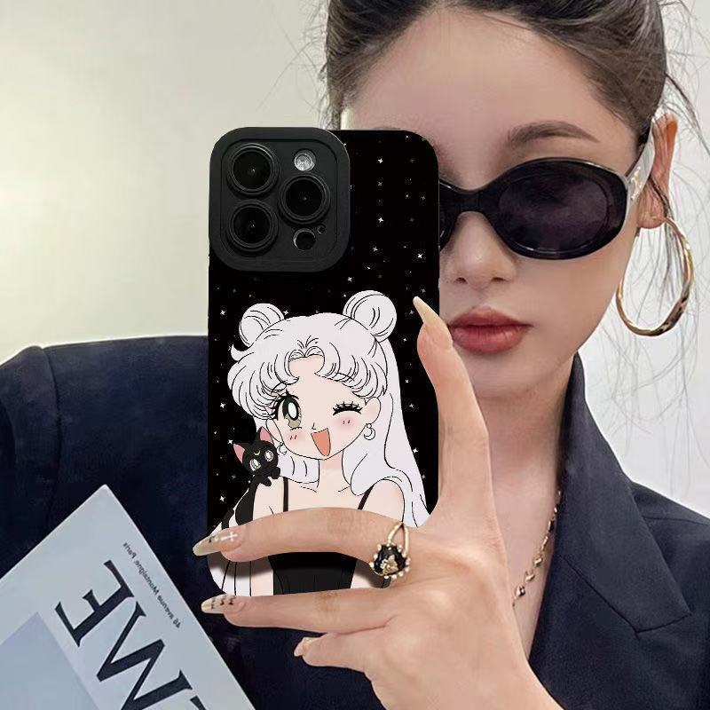 Black cat beautiful girl applies to Apple 15/16promax mobile phone case iPhone 14 pupil eyes 13 matte 12 animation