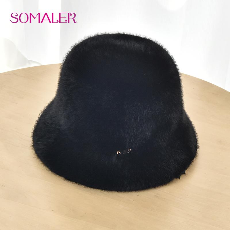 SOMALER Winter Faux Rabbit Fur Knitted Bucket Hats for Women Plain Color Warm Knitted Bucket Hats