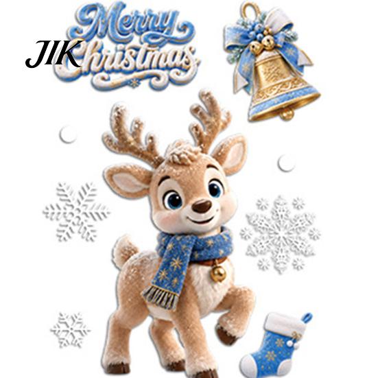 Double Sided Window Decorations 4Pcs Christmas Static Clings, Blue Santa Snowman Reindeer Penguin Gold Decor Stickers, Reusable Xmas Holiday