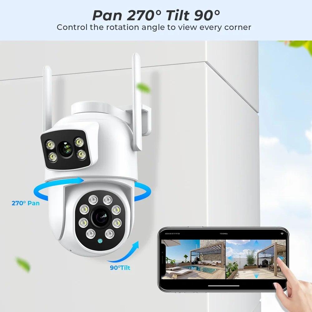 New EU 4K 8MP PTZ WIFI Camera Dual Lens Dual Screen 4X Digital Zoom IP Camera 4MP HD Auto Tracking Outdoor CCTV Surveillance ICSee App