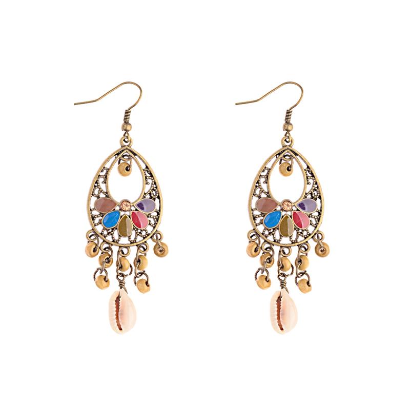 TopHanqi Womens Bohemia Ethnic Bronze Water Drop Earring Multicolor Stone Metal Leaf Pendant Long Tassel Earrings Indian Zircon