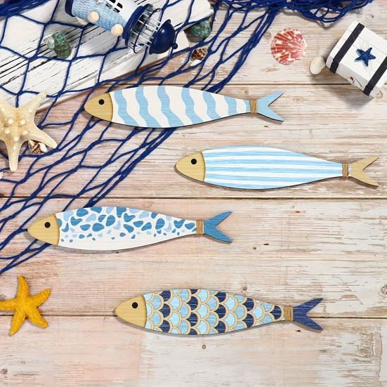 4 Pcs Wooden Fish Wall Decor Nautical Coastal Wall Art Blue Fish Wall Sculpture Lake House Hanging Decor for Bathroom Bedroom