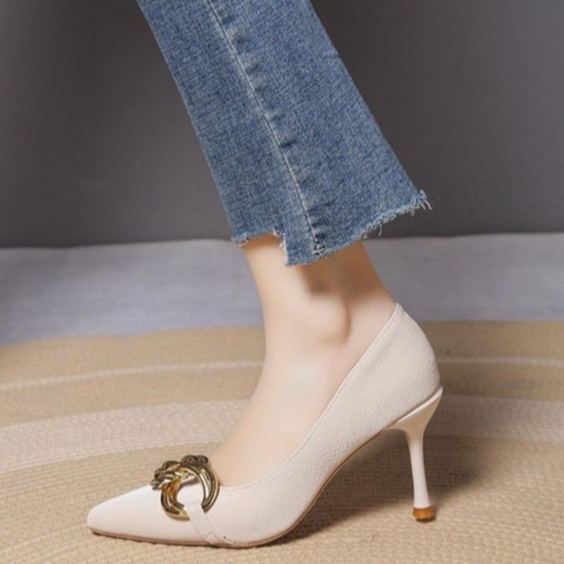 Fashion New Thin Heel Shoes Women's Fashion Pointed Head Shallow Mouth Metal Chain Set Foot Anti-slip Wear-resistant High Heels