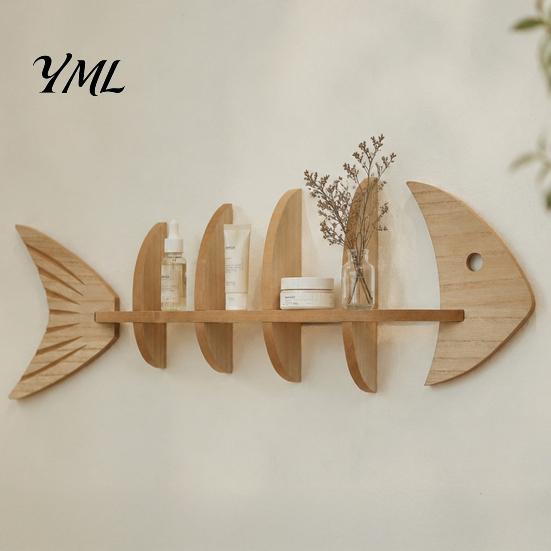 Wooden Floating Shelves for Decor Fish Bone Storage Rack, Wood Wall Mounted Shelf, Ocean Style Japanese Minimalist Display Rack Art Bedroom