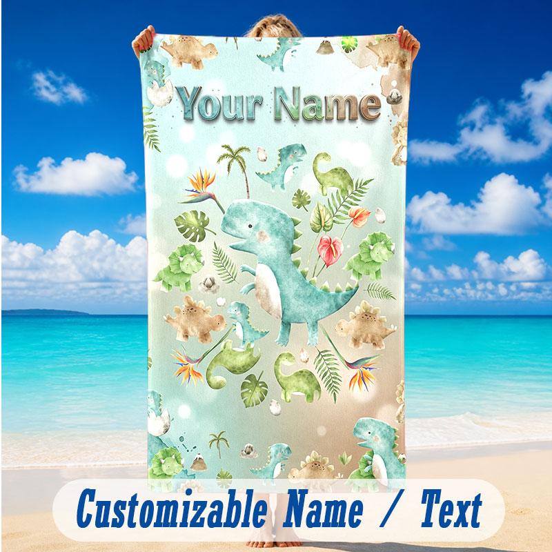 Dinosaur Theme Beach Towel Personalized Custom Name & Text Soft Quick Dry Beach Towel for Swimming Travel