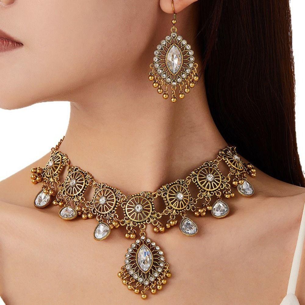 Rhinestone Inlaid Necklace Earrings Set Hollowed Out Forehead Ornament  Bridal