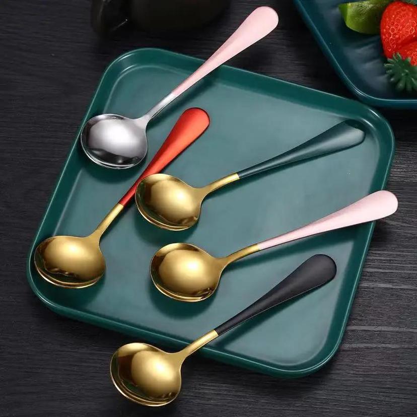 1 Pcs 17cm Stainless Steel Round Spoon Cute Dessert Spoon Coffee Children's Golden Silver Spoon Dessert Spoons Kitchen Soup