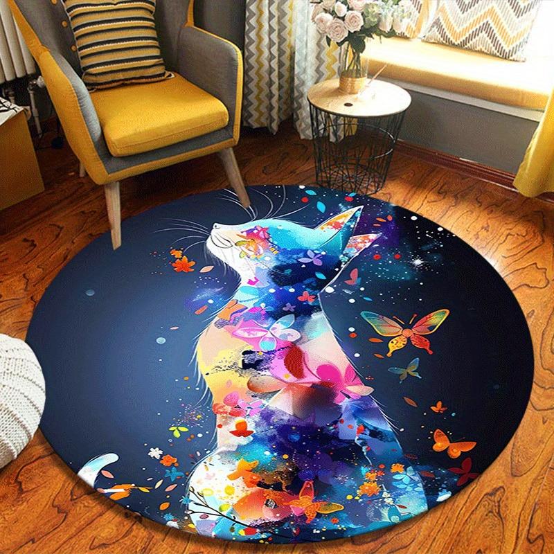 1pc Soft, Absorbent & Non-Slip Colorful Cat and Butterflies Round Rug, Perfect for Entryway, Living Room, Bedroom Decor, Machine Washable Fl