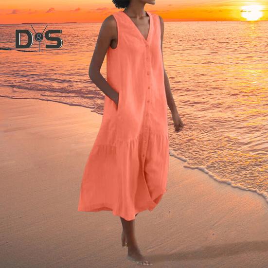 Летнее платье с V-образным вырезом, без рукавов, на пуговицах, свободное А-силуэтное плиссированное платье миди с карманами, однотонное пляжное платье