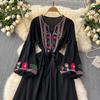 Винтажное элегантное платье с V-образным вырезом и вышивкой, рукавами-фонариками, повседневное платье-трапеция для женщин, модное летнее весеннее платье-платье