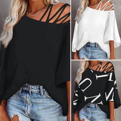 Женский топ с вырезом на одно плечо, косая шея, сплошной цвет, с буквенным принтом, свободные рукава три четверти, мягкая дышащая женская футболка средней длины