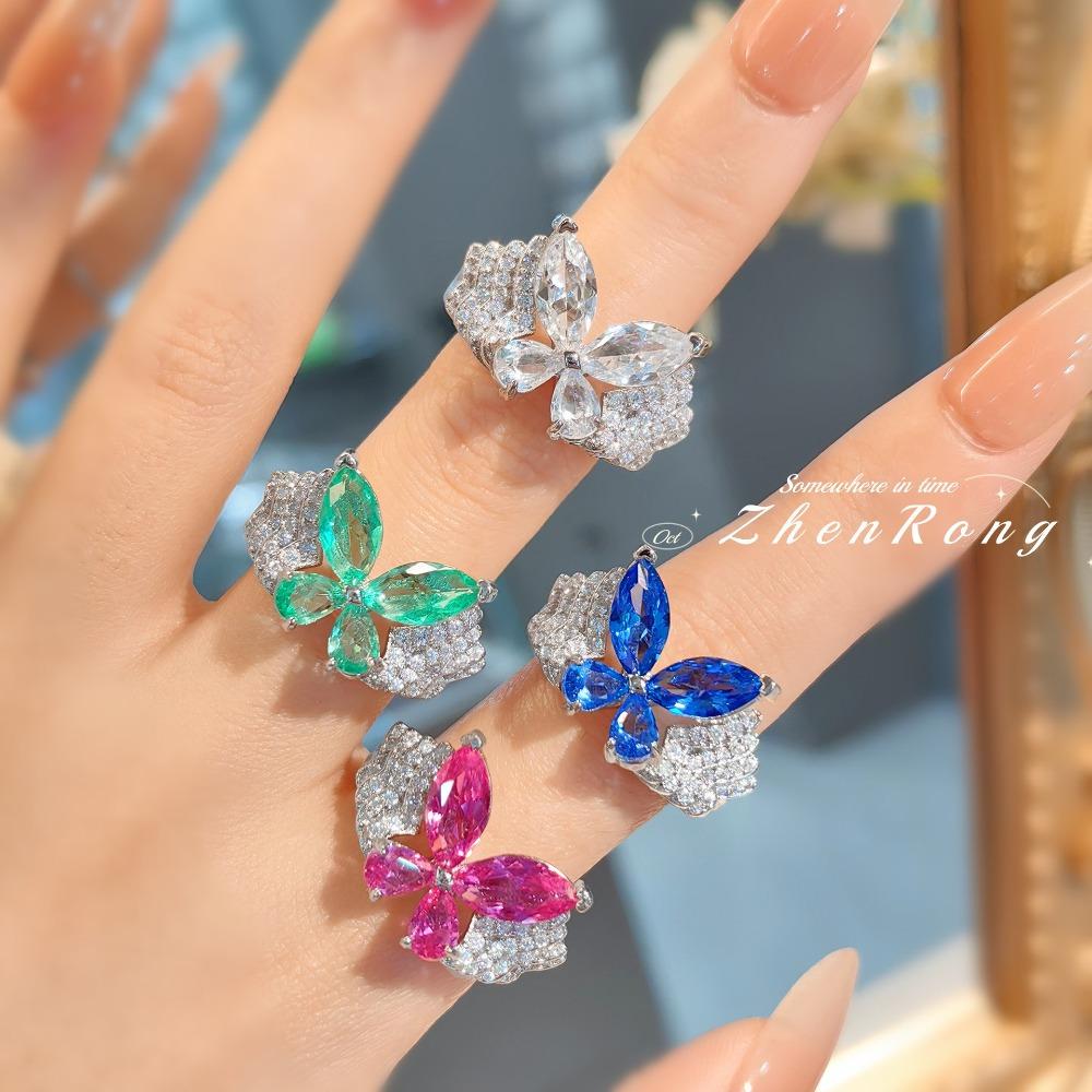 Elegant Butterfly Ring for Women with High Carbon Diamond Red Corundum Blue Spinel Marquise Luxury Jewelry