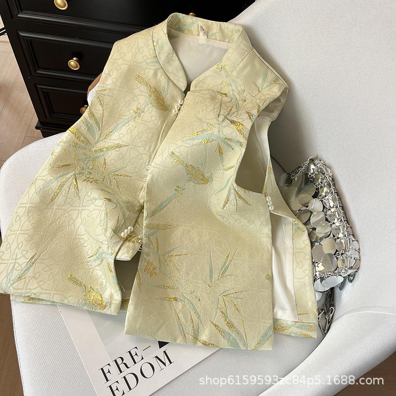 Жаккардовый бронзовый жилет в стиле ретро с цветочным узором из бамбуковых листьев, новинка 2025 года, жаккардовый жилет со стойкой и застежкой-пуговицей