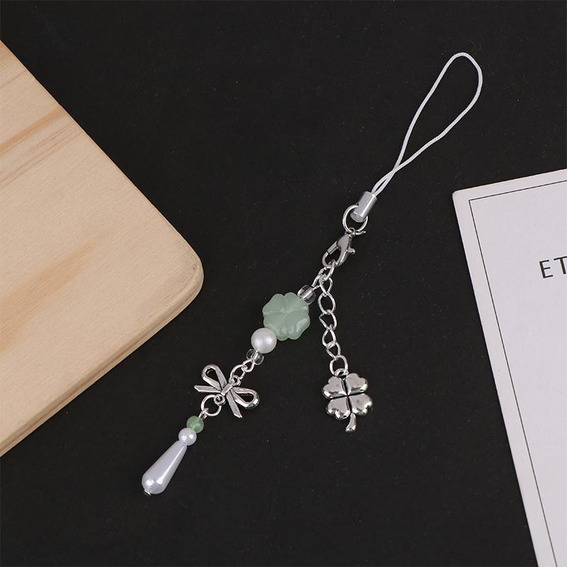 Stylish Keychain Lanyard Handcrafted Beads Phone Pendant Four Leaf Clovers Phone Chain Beads Pendant
