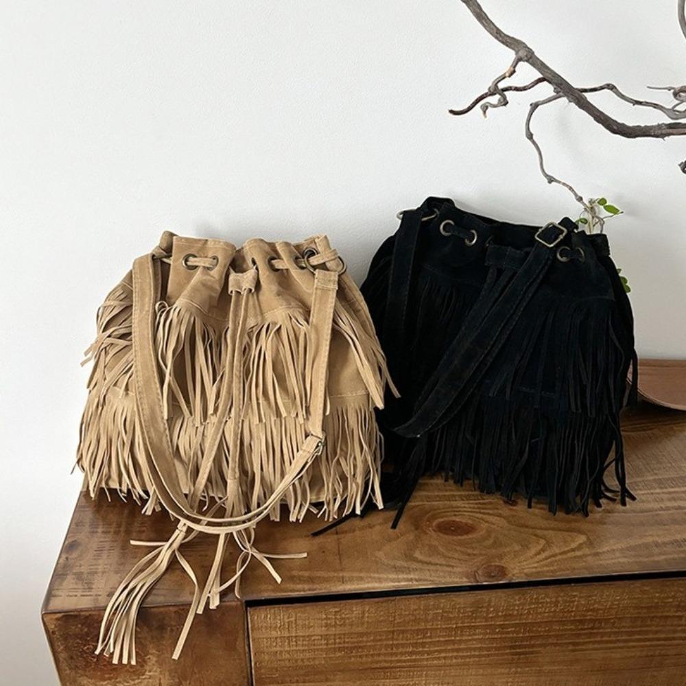 PU Leather Suede Handbag Korean Style Drawstring Bucket Bag Casual Tassel Shoulder Bag  Travel